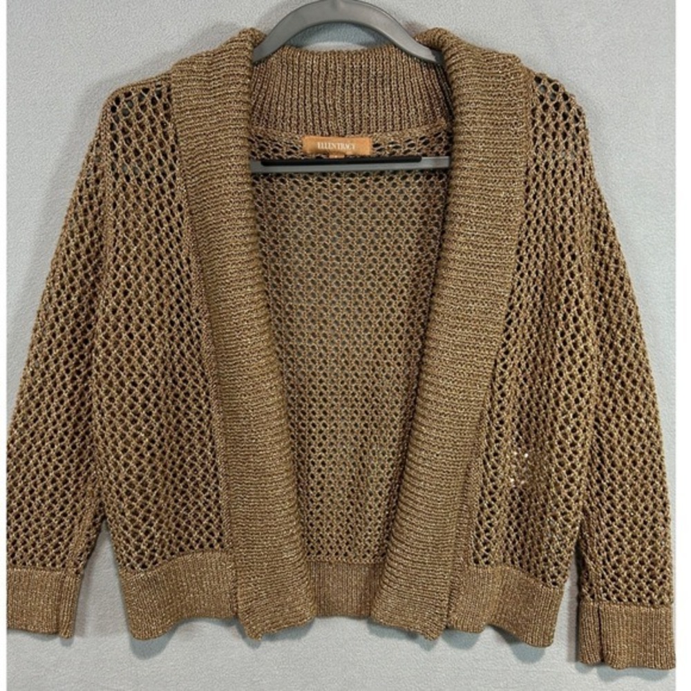 Ellen Tracy Crochet Cardigan Large Gold Open Knit Metallic Shrug Glam Festive